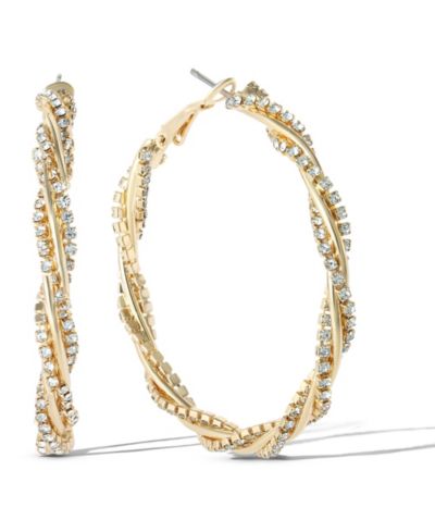 Jessica Simpson Womens Spiral Hoop Earrings - Gold-Tone Twisted Hoop Earrings with Crystal Embellishments