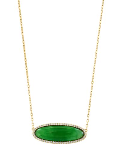 EFFY® Dyed Jade & Diamond (1/5 ct. t.w.) Oval Pendant Necklace in 14k Gold, 16" + 2" extender