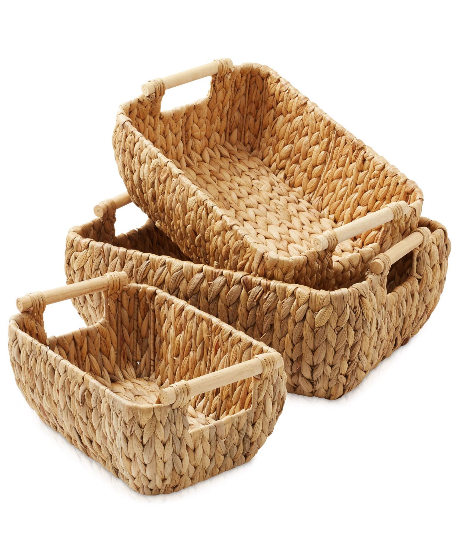 Casafield (Set of 2) Water Hyacinth Oval Storage Baskets with Wooden Handles - Large Woven Organizer Bins