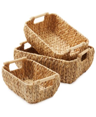 Casafield (Set of 2) Water Hyacinth Oval Storage Baskets with Wooden Handles - Large Woven Organizer Bins