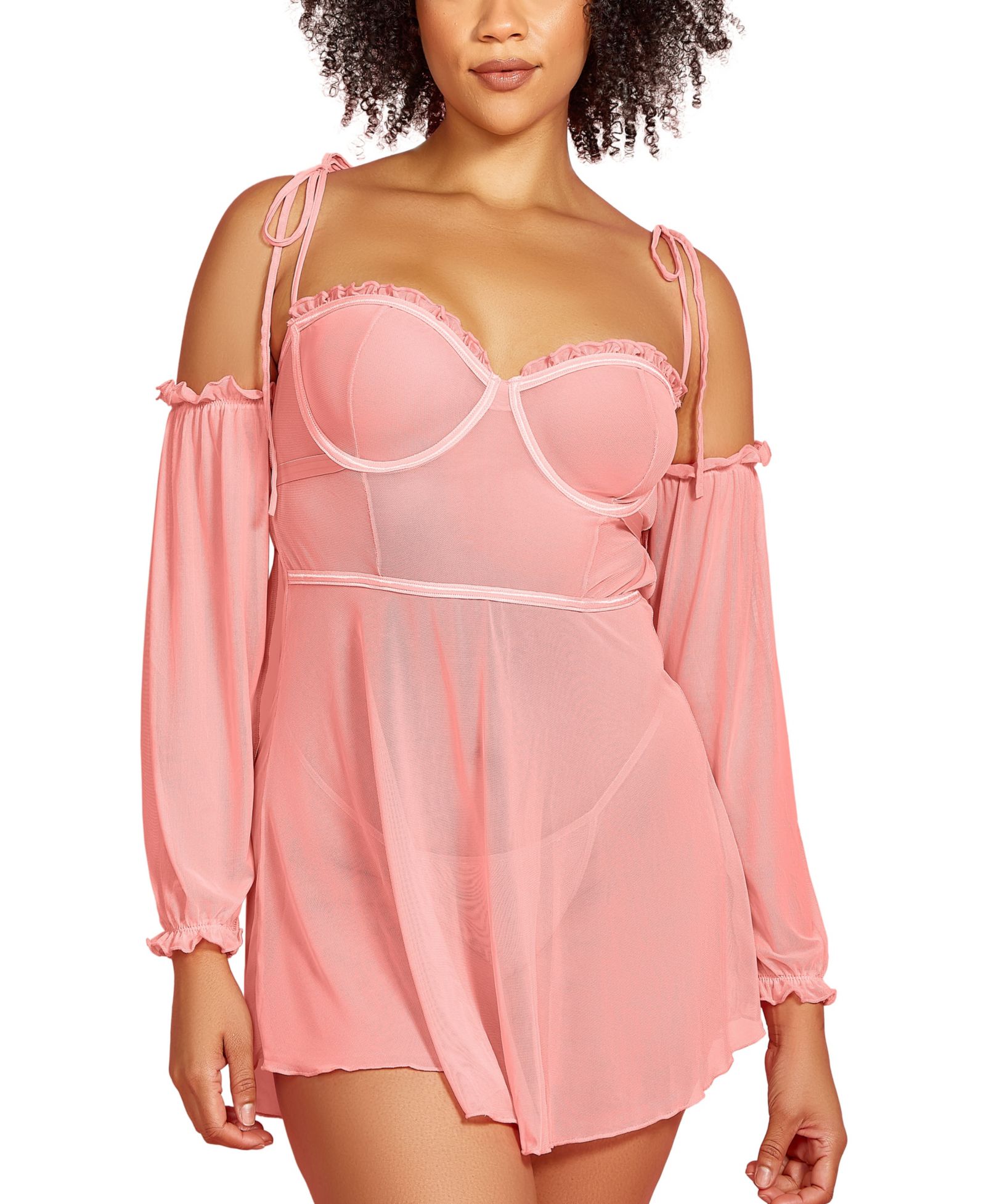 Hauty Plus Size 2-Piece Babydoll Lingerie Set in Sheer Soft Mesh and Attached off the Shoulder Sleeves