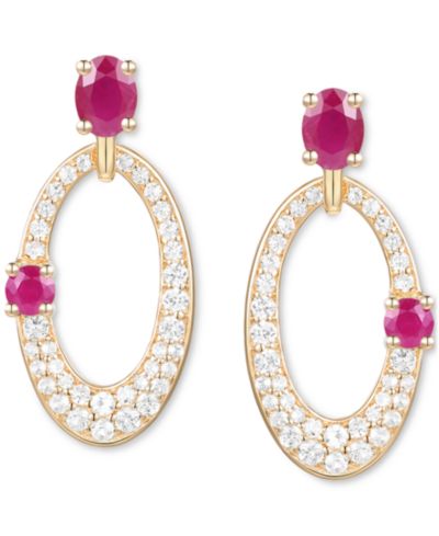 Ruby (5/8 ct. t.w.) & Diamond (1/3 ct. t.w.) Oval Doorknocker Drop Earrings in 14k Gold (Also available in Emerald & Sapphire)