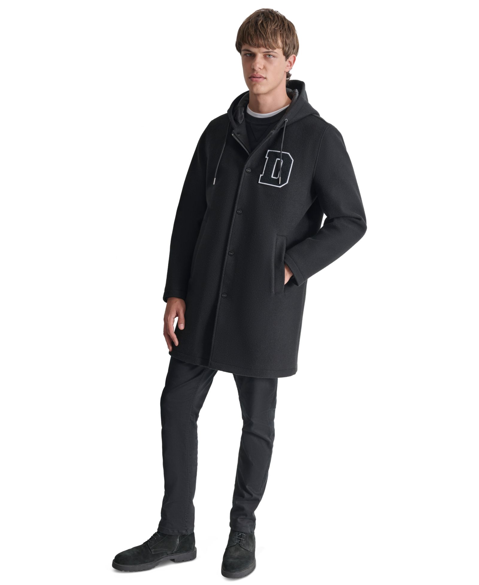 DKNY Men's Tufted-Chenille Logo Appliqué Long Hooded Stadium Coat