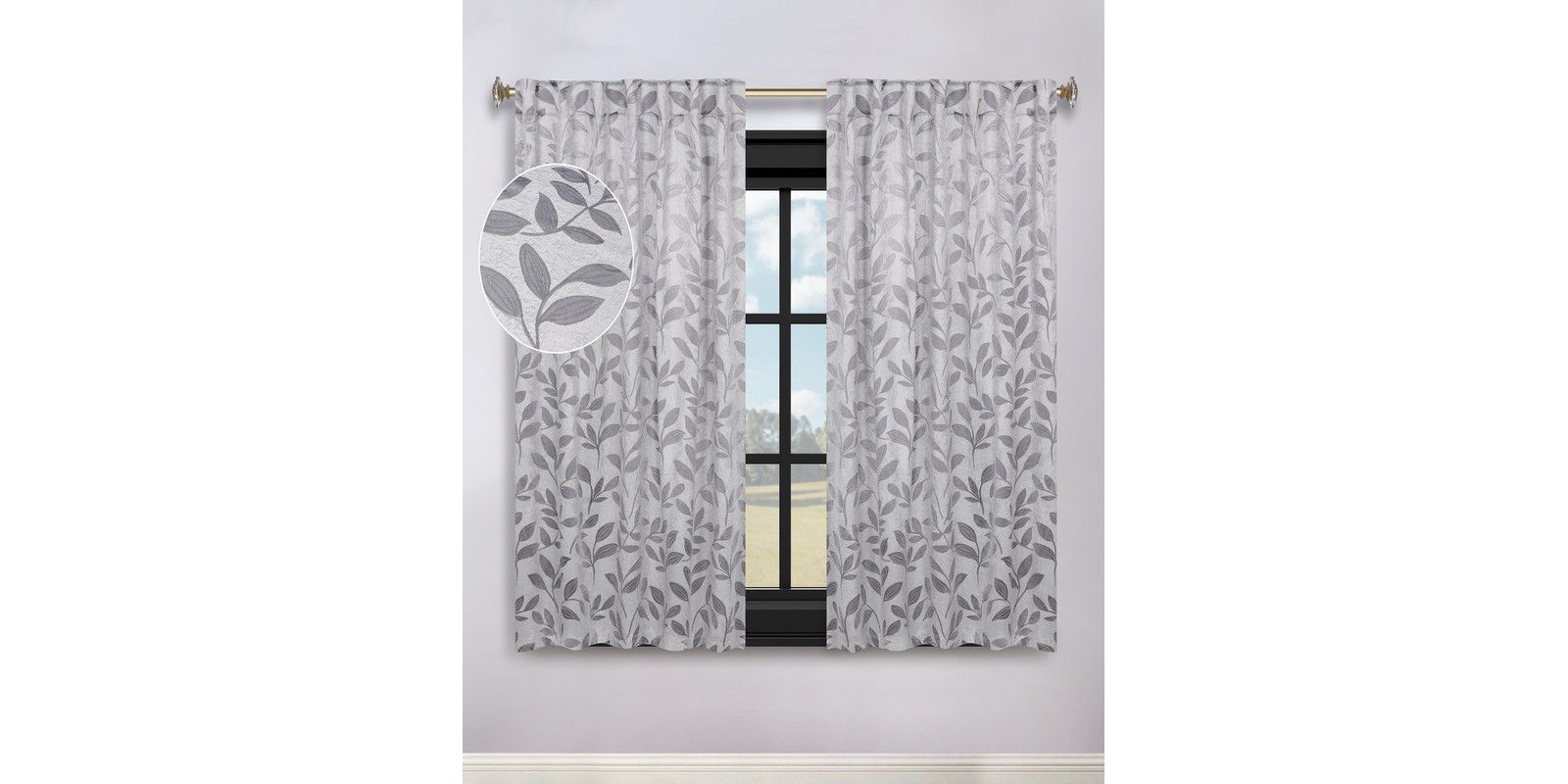 Leaves Semi Blackout Back Tab Washable Room Darkening Curtains, Set of 2