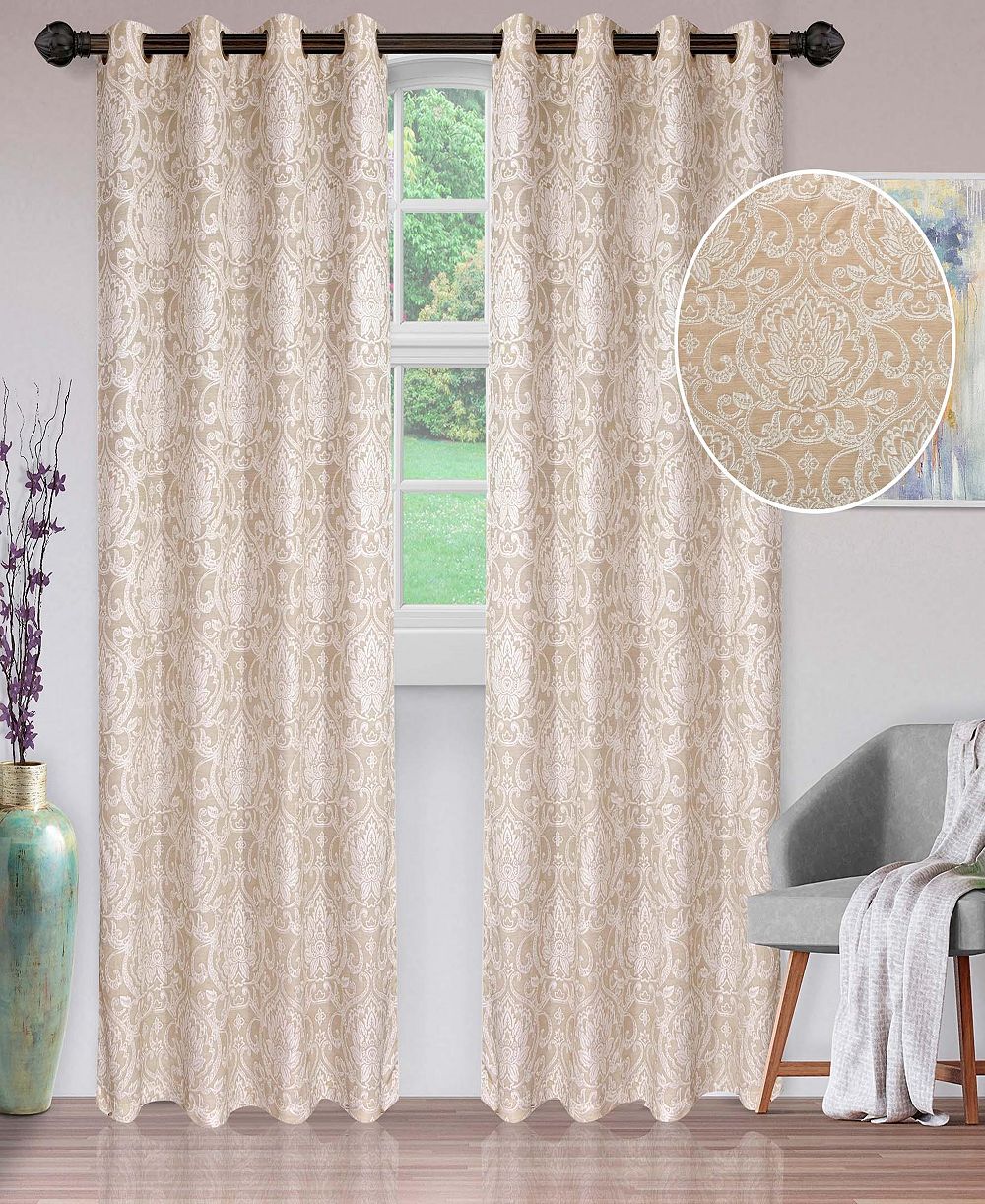 Superior Lotus Jacquard Floral Damask Grommet Curtain Set, 52"x84"