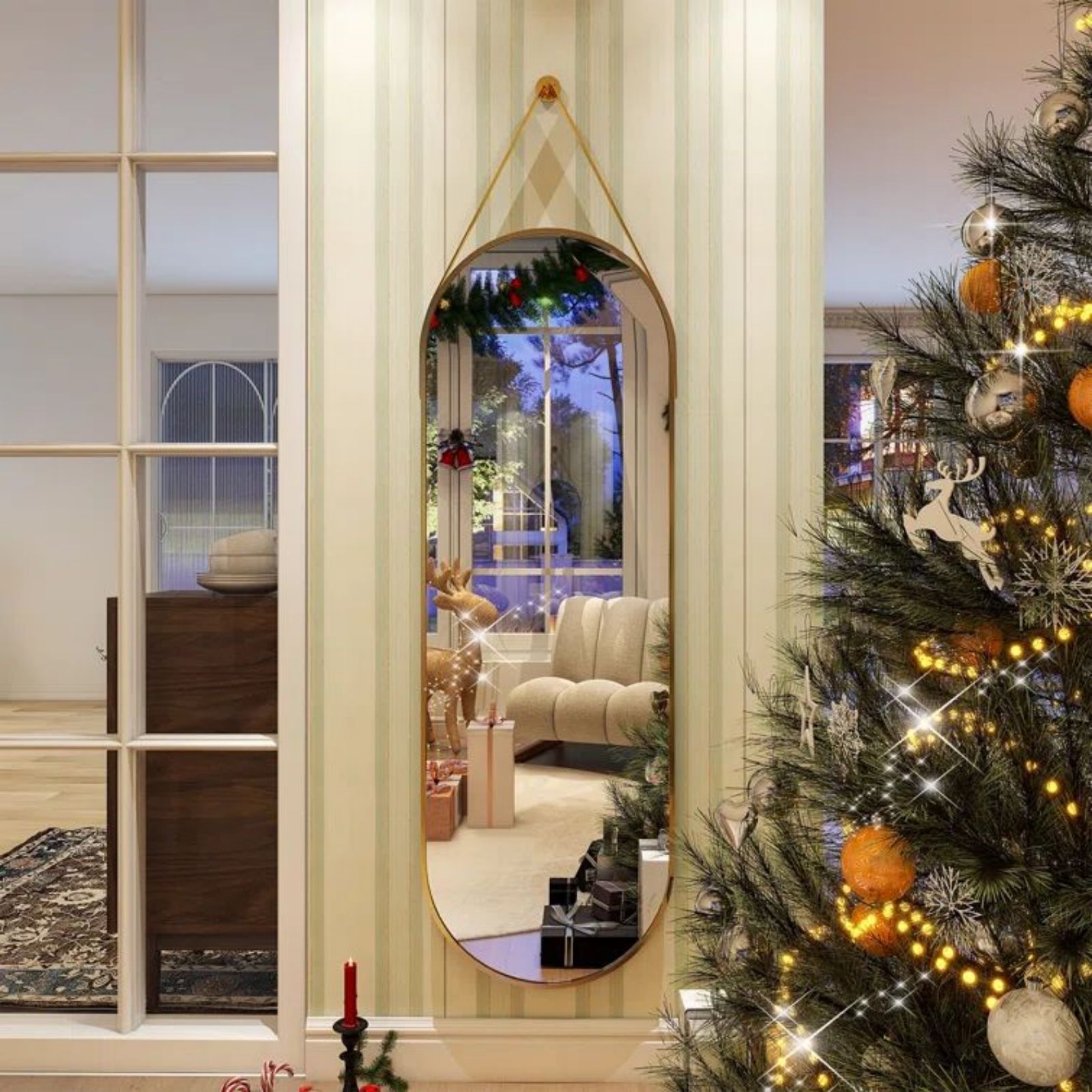 HOMLUX 16"x48" Oval Pill Full Length Mirror Decorative Wall Hanging Mirror Bathroom Entryway,Gold