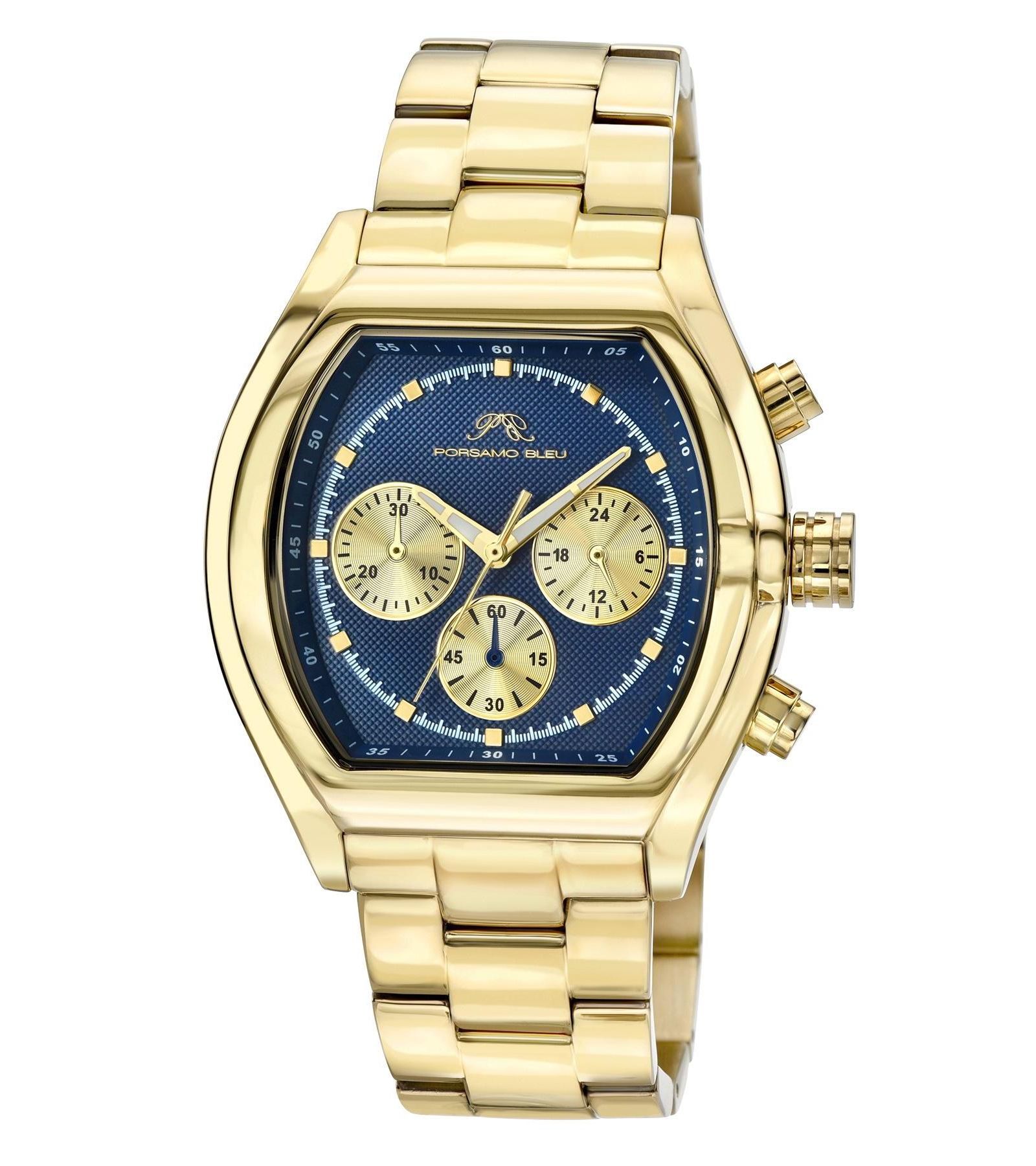 Porsamo Bleu Men's Roman Chronograph Gold Tone Stainless Steel Bracelet Blue Dial Watch 42 mm