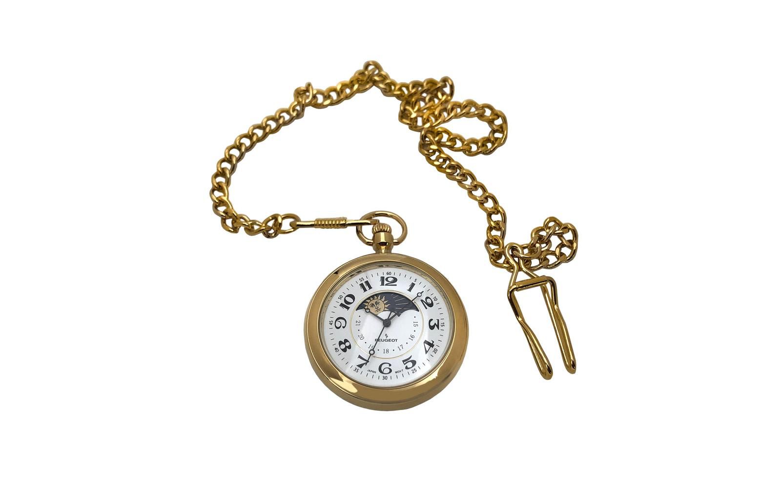 Peugeot Men's 14K Gold Plated Sun Moon Pocket Watch with Gold-Tone Chain