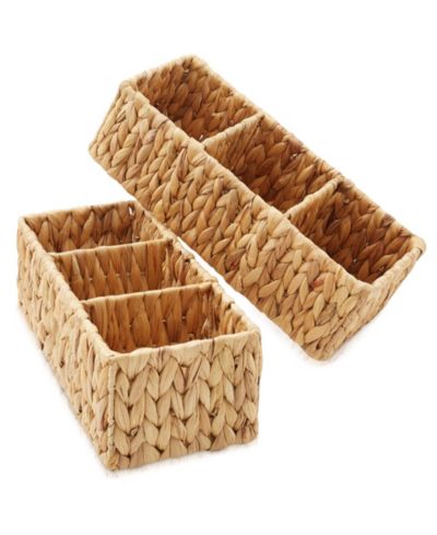 Casafield Set of 2 Water Hyacinth Storage Baskets with 3 Sections, Espresso - Woven Organizer Bins for Bathroom, Laundry, Pantry, Office, Shelves