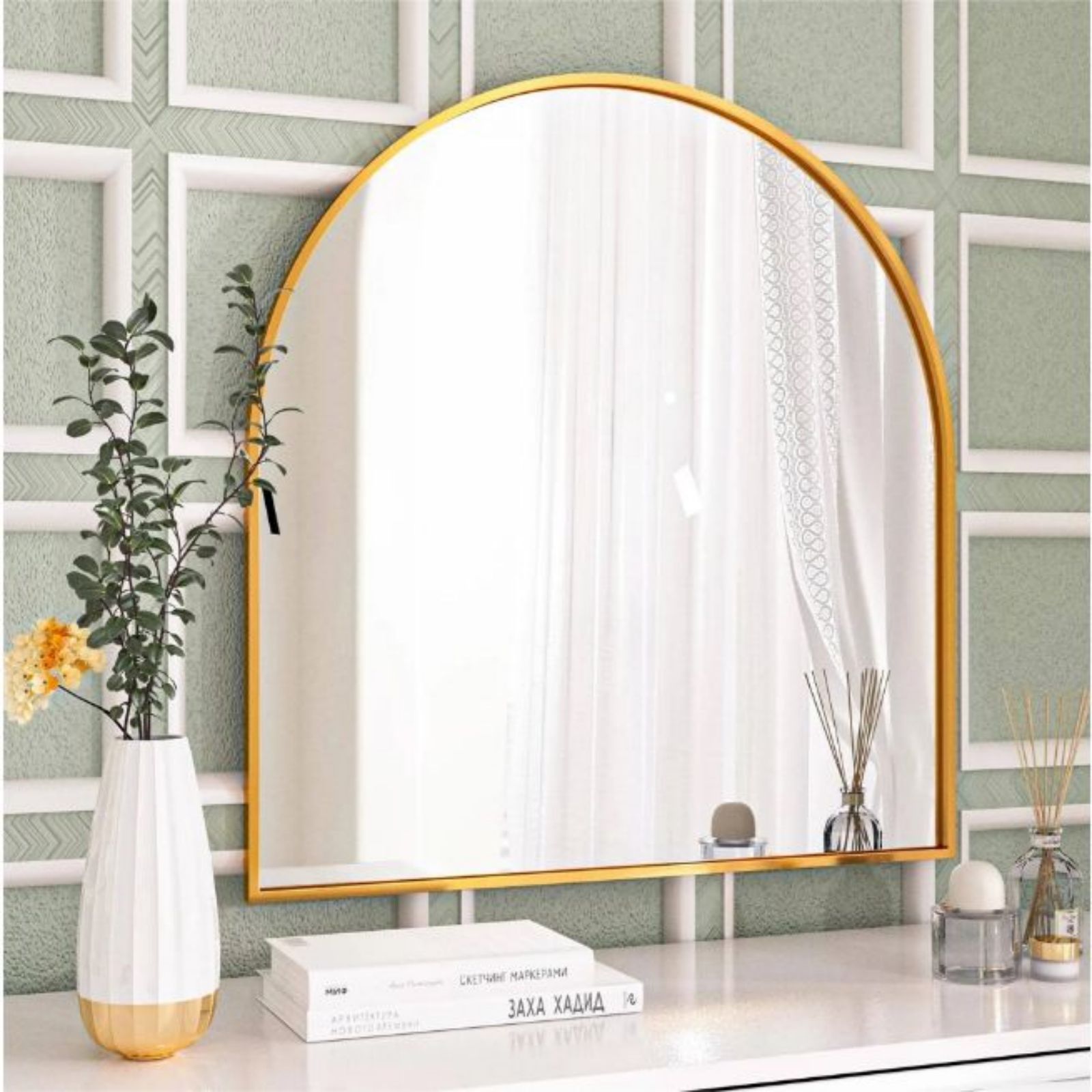 HOMLUX 32"x34" Decorative Bathroom Wall Mirror Arched Mantle Mirror: Metal Frame, Modern Decor, Gold