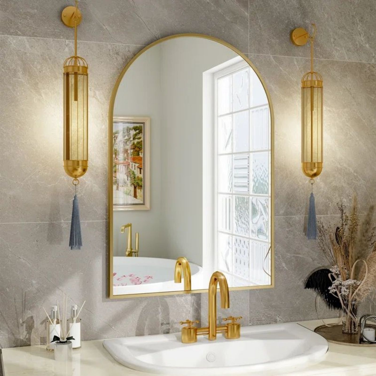 24" x 36" Arched Mantle Mirror, Gold-HOMLUX: Metal Frame, Wall Mount, Modern Decor