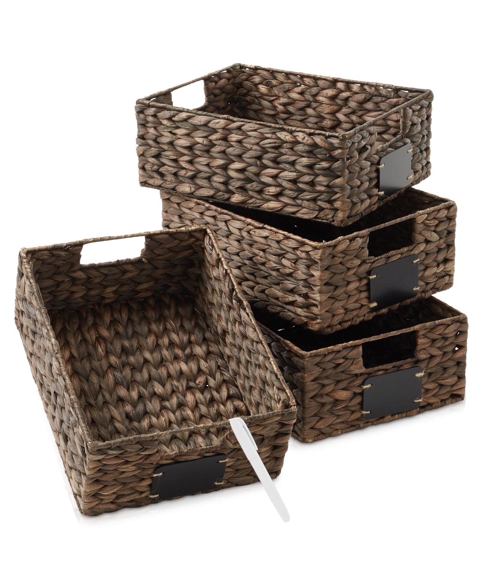 Casafield набор из 4 корзин из гиацинтов 10"x13"x5" с меловыми этикетками и маркером, Espresso, плетеные корзины для хранения на кухонные полки