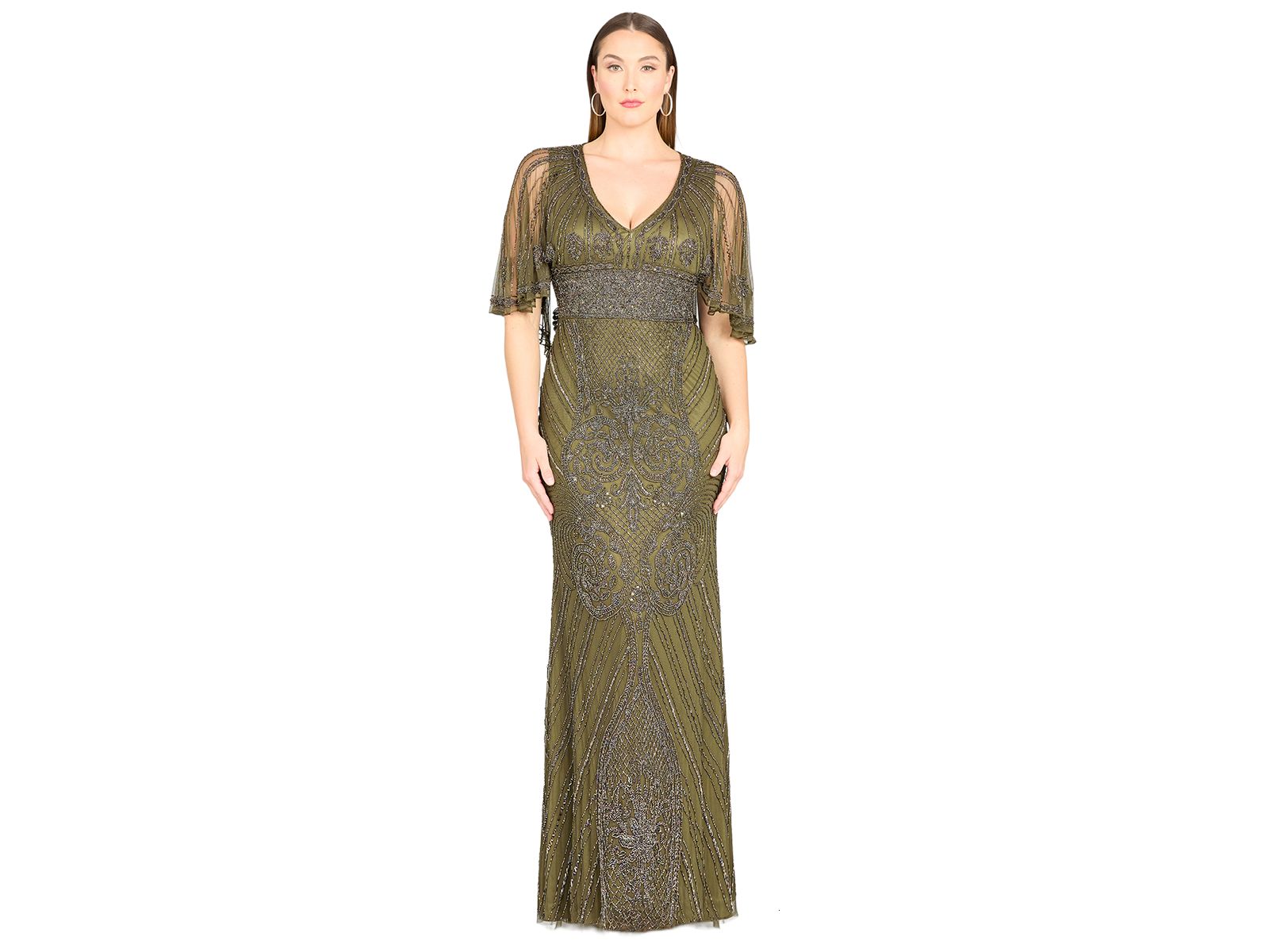 Lara Женское вечернее платье с V-образным вырезом и рукавами-крыльями, украшенное бисером