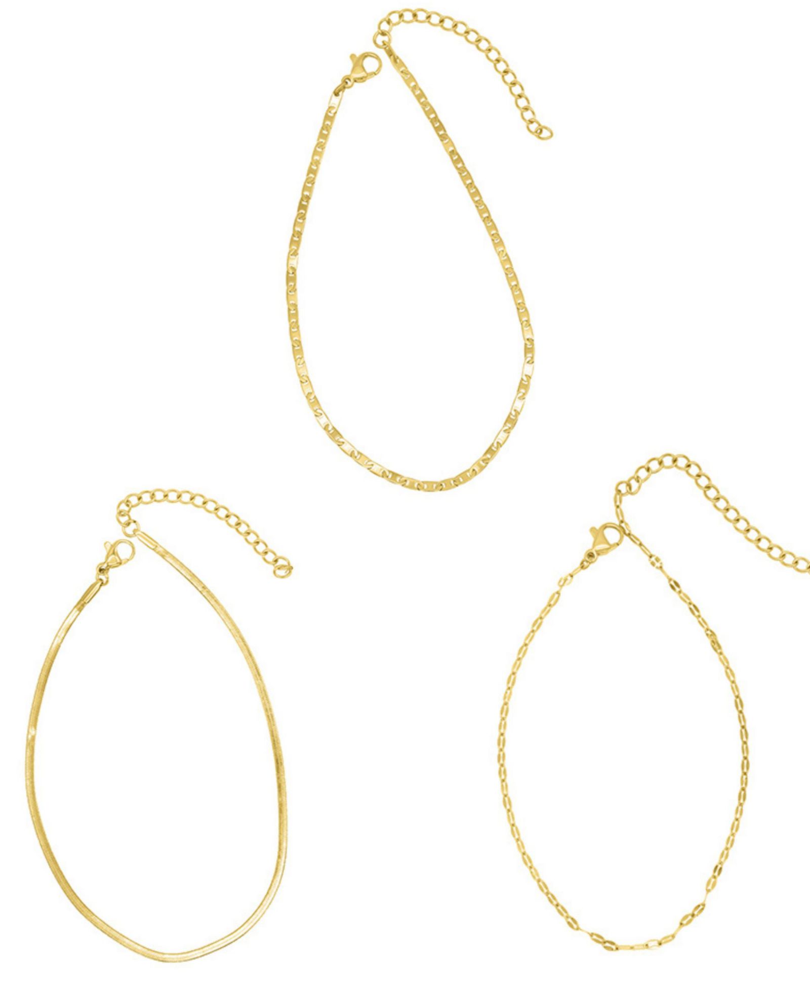 ADORNIA Gold Tarnish Resistant Adjustable 9-11" Herringbone, Valentina and Mariner Chain Anklet Set