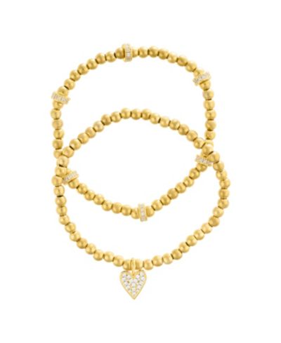 ADORNIA Gold Plated Pair of Bead Bracelets with Crystal Heart