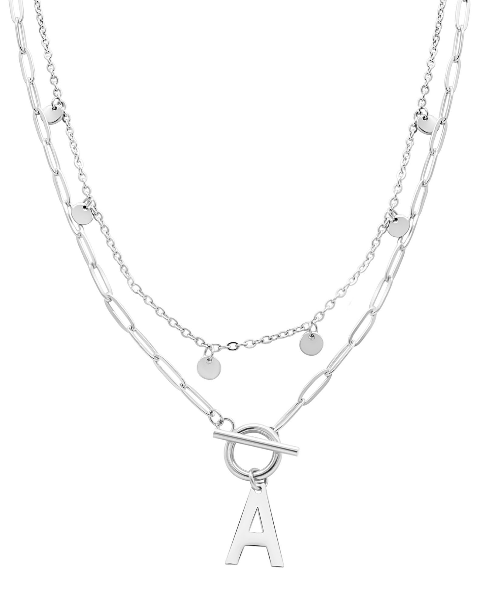 ADORNIA Silver Tarnish Resistant Confetti and Paperclip Layered Initial Toggle Necklace