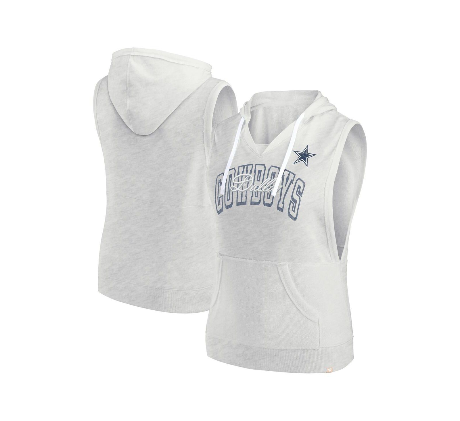 Fanatics Women's Oatmeal Dallas Cowboys Lounge Script Sleeveless V-Neck Pullover Hoodie