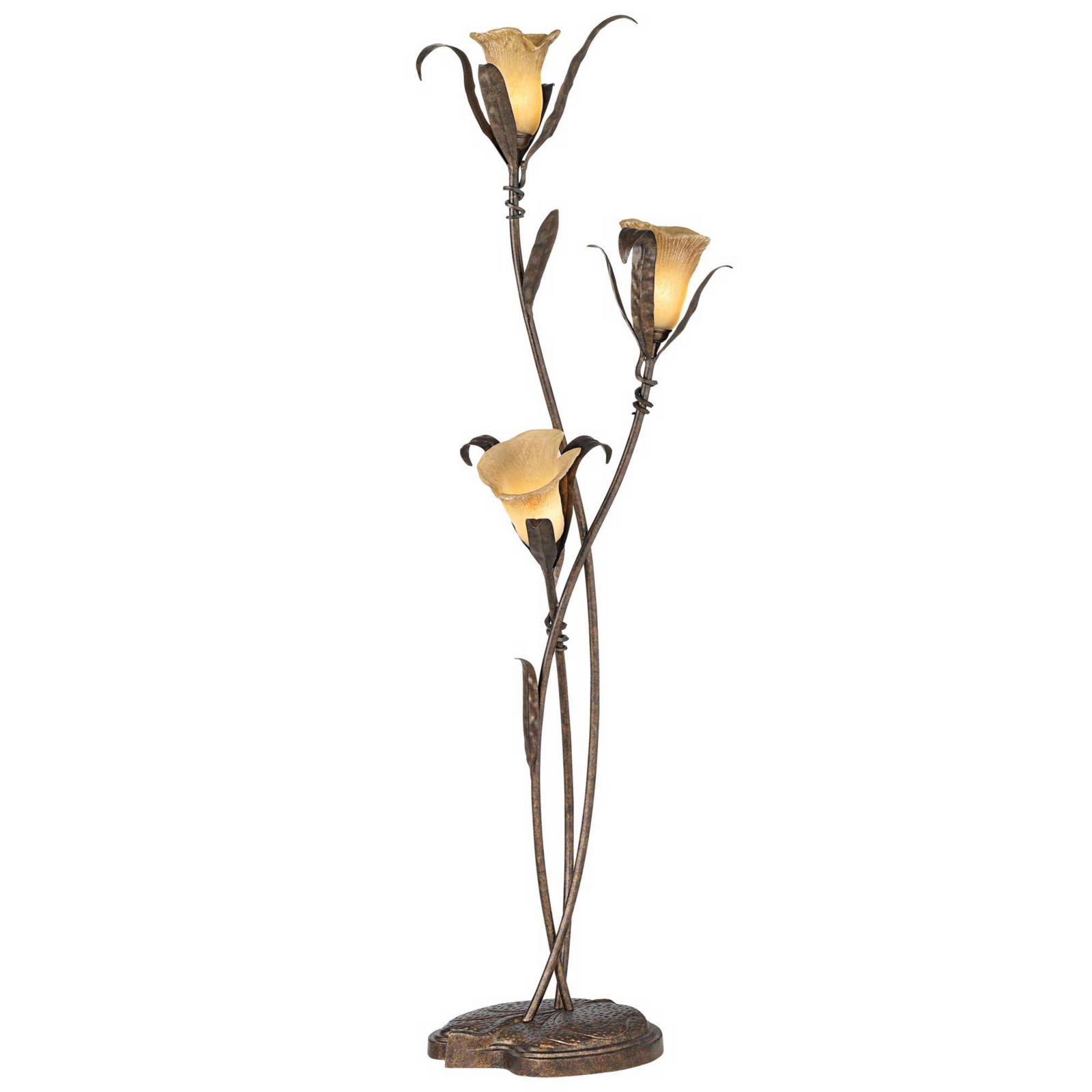 Franklin Iron Works Rustic Farmhouse Sculptural Floor Lamp 68 1/4" Tall Bronze 3-Light Amber Glass Intertwined Lily Flower Shade для гостиной