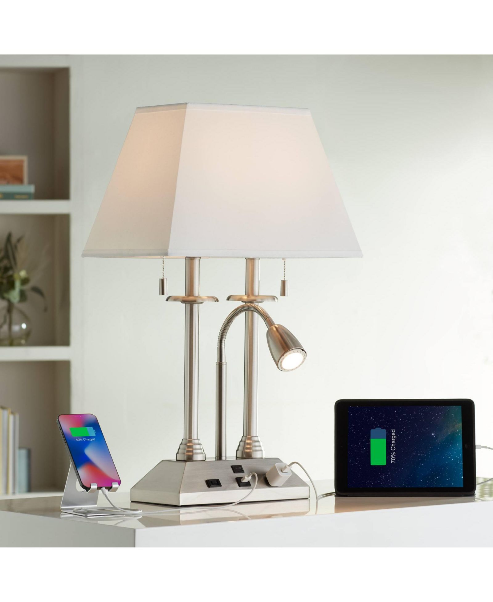 Possini Euro Design Dexter Modern Table Lamp 26" High Brushed Nickel with USB and AC Power Outlet in Base LED Reading Light White Shade for Home Desk