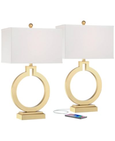 Possini Euro Design Modern Table Lamps 28 1/2" Tall Set of 2 with USB Charging Port Brushed Gold Open Ring White Shade for Bedroom Living Room House