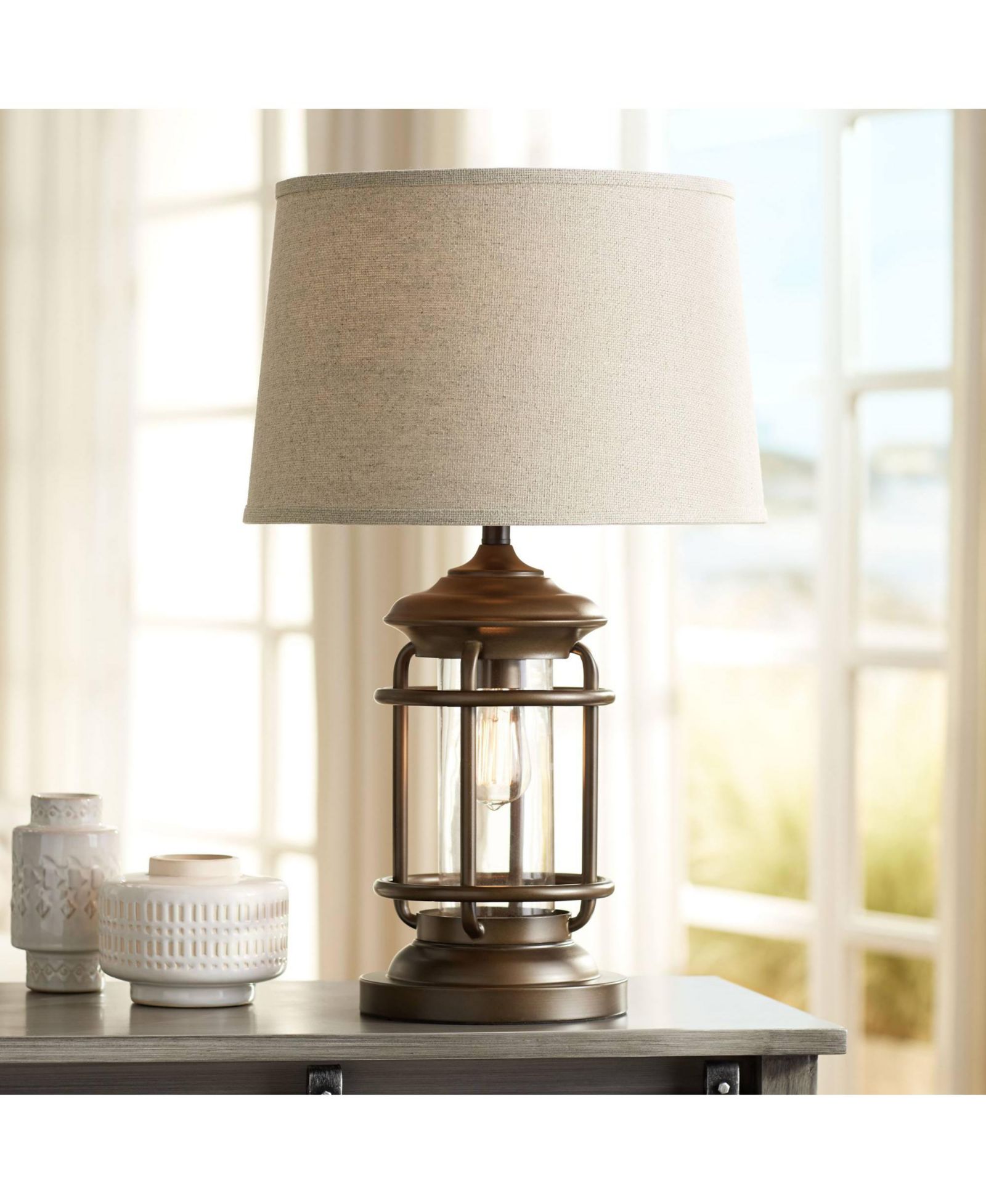 Franklin Iron Works Andreas Industrial Table Lamp 26" High Metal with Nightlight LED and USB Charging Port Oatmeal Shade for Living Room Desk