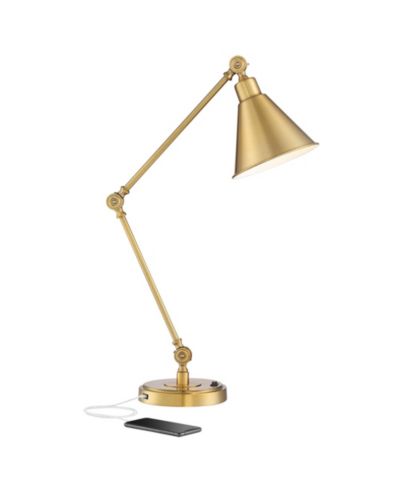 Possini Euro Design Wray Modern Desk Lamp 26 3/4" High Warm Brass Metal with USB Charging Port Adjustable Arm Head for Bedroom Living Room Bedside