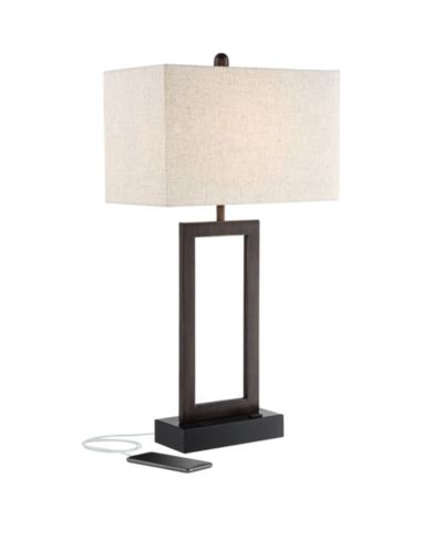 360 Lighting Todd Modern Table Lamp 30" Tall Bronze Rectangular with USB and AC Power Outlet in Base Oatmeal Fabric Shade for Living Room Office House