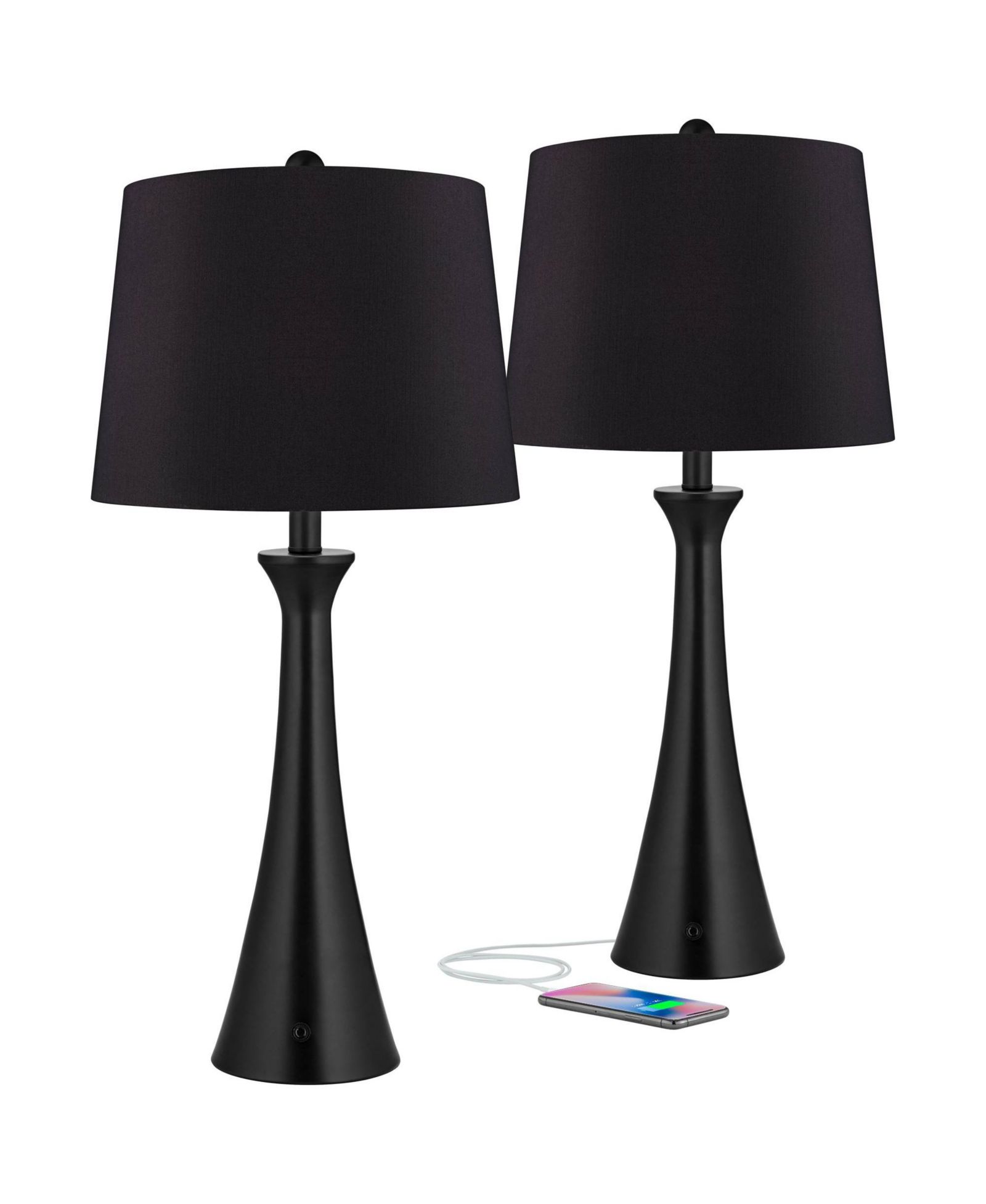 360 Lighting Karl Modern Table Lamps 28 1/4" Tall Set of 2 Metal with USB and AC Power Outlet in Base Faux Silk Shade for Bedroom House Home