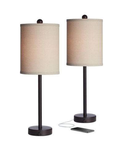 360 Lighting Trotter Modern Table Lamps 23 3/4" High Set of 2 Oiled Bronze with USB and AC Power Outlet in Base Burlap Shade for Living Room Home Desk