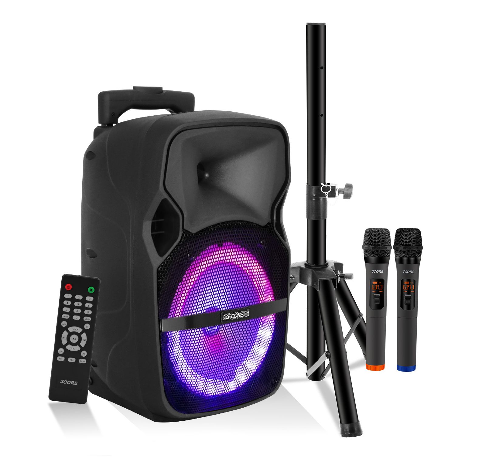 5 Core 8 Inch TWS Bluetooth Party Speakers 250 W Portable Karaoke PA System Rechargeable Loudspeaker + Tripod Stand & 2x Wireless Mics LED Light