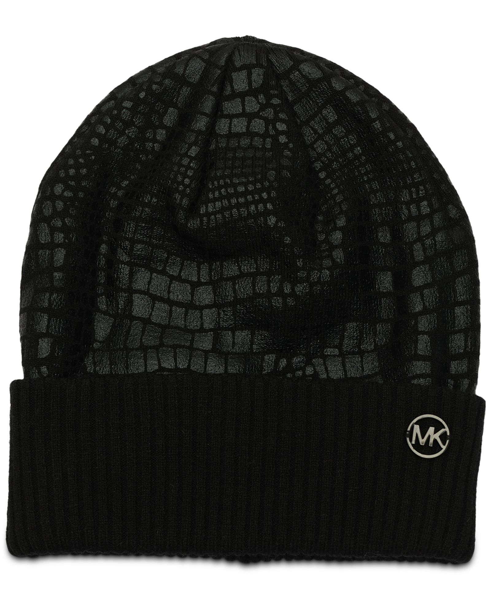 Michael Kors Logo Charm Ribbed Trim Croc-Embossed Beanie