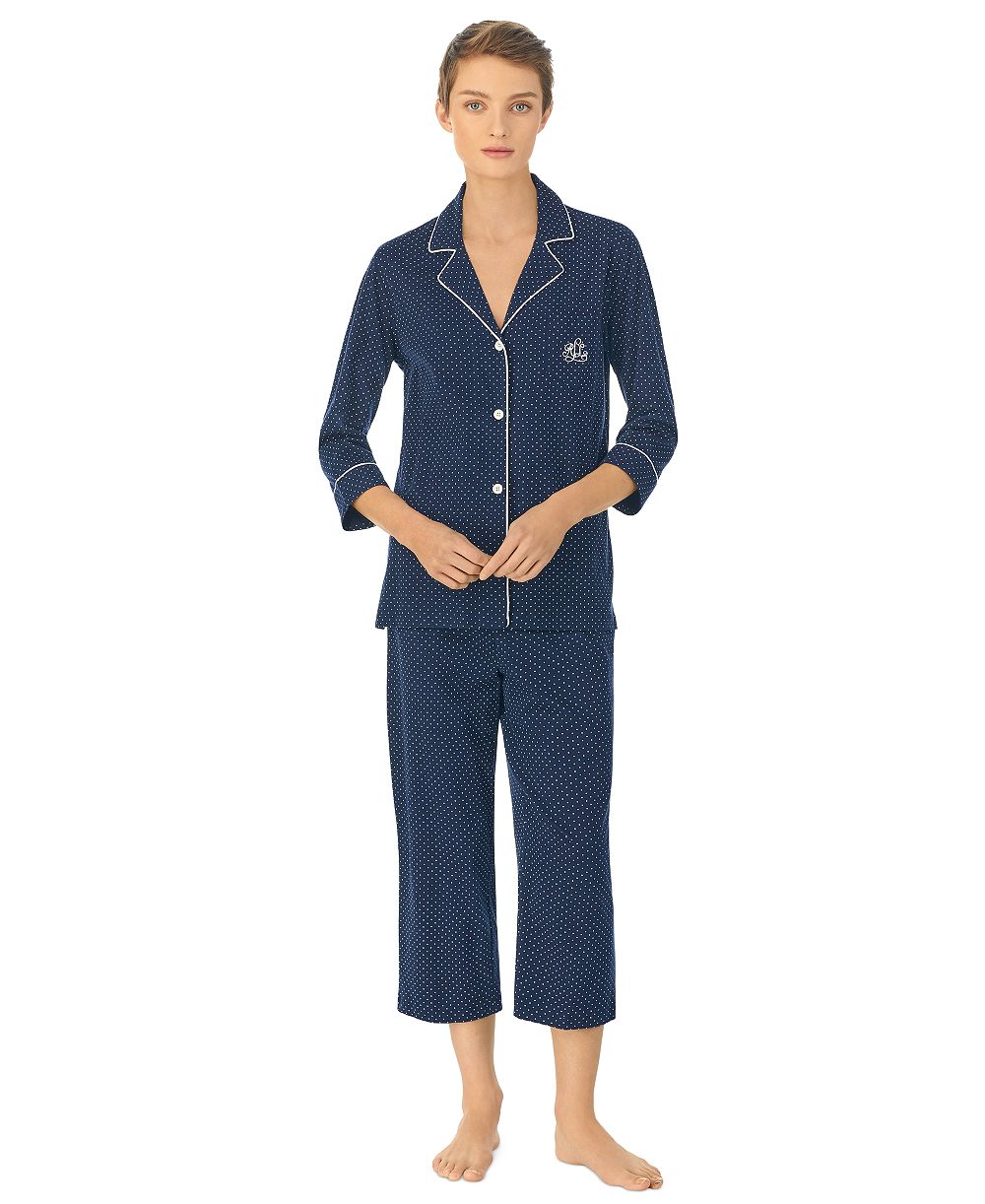 Lauren Ralph Lauren Womens 3/4 Sleeve Cotton Notch Collar Capri Pant Pajama Set