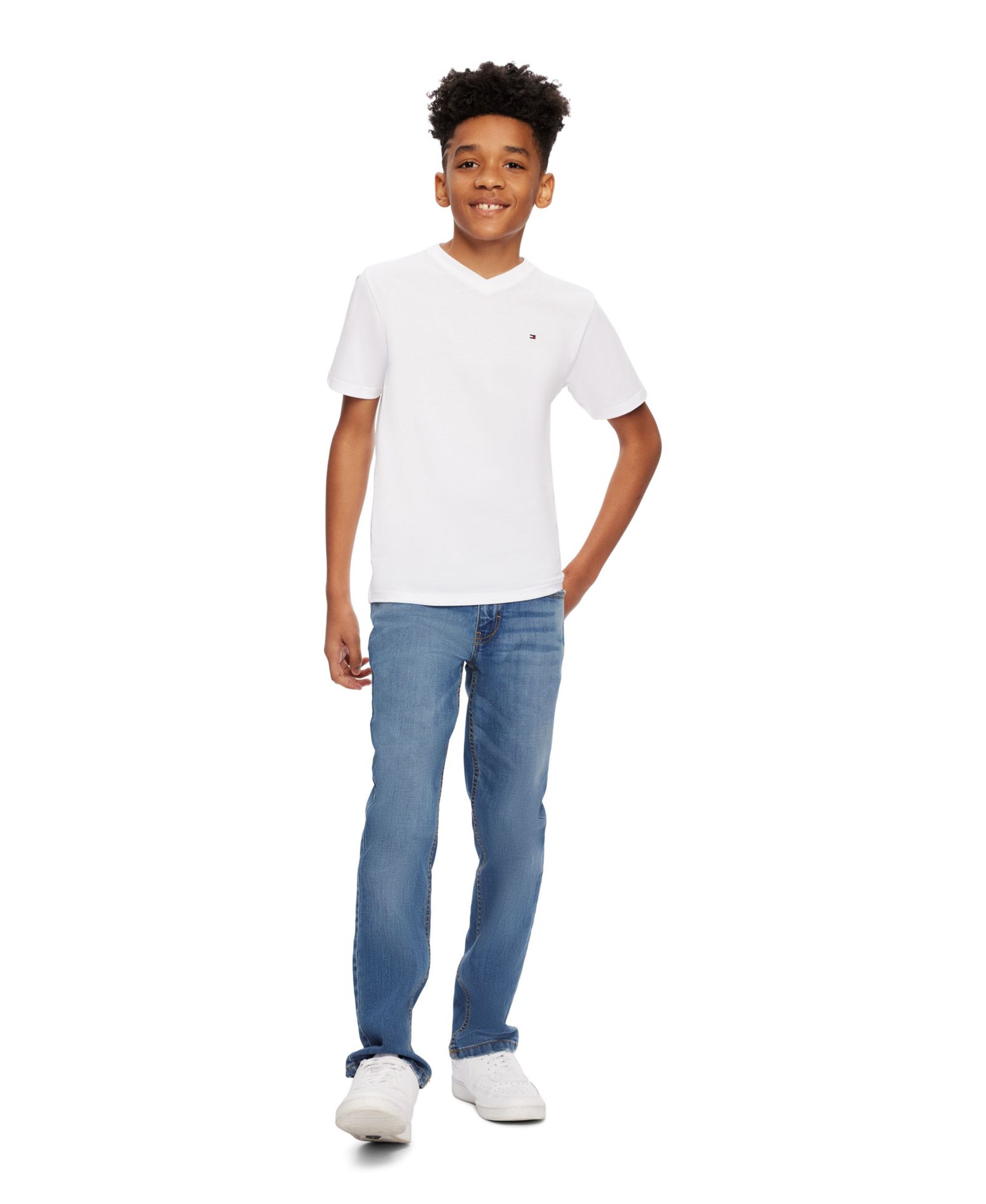 Tommy Hilfiger Boys' 8-20 Solid Embroidered Logo V-Neck T-Shirt