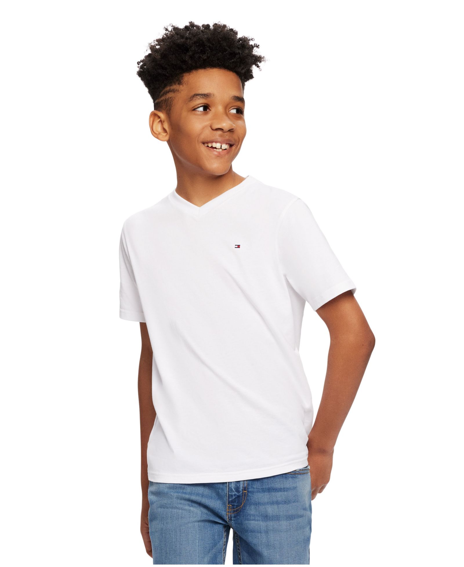 Tommy Hilfiger Boys' 2T-7 Solid Embroidered Logo V-Neck T-Shirt