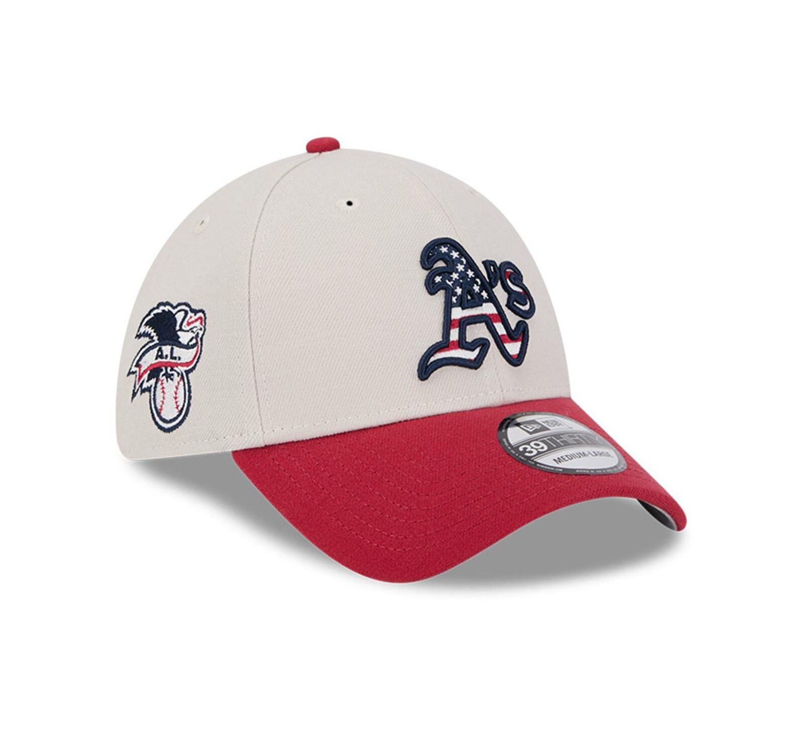 Мужская кепка New Era Red Oakland Athletics 2024 Fourth of July 39THIRTY Flex