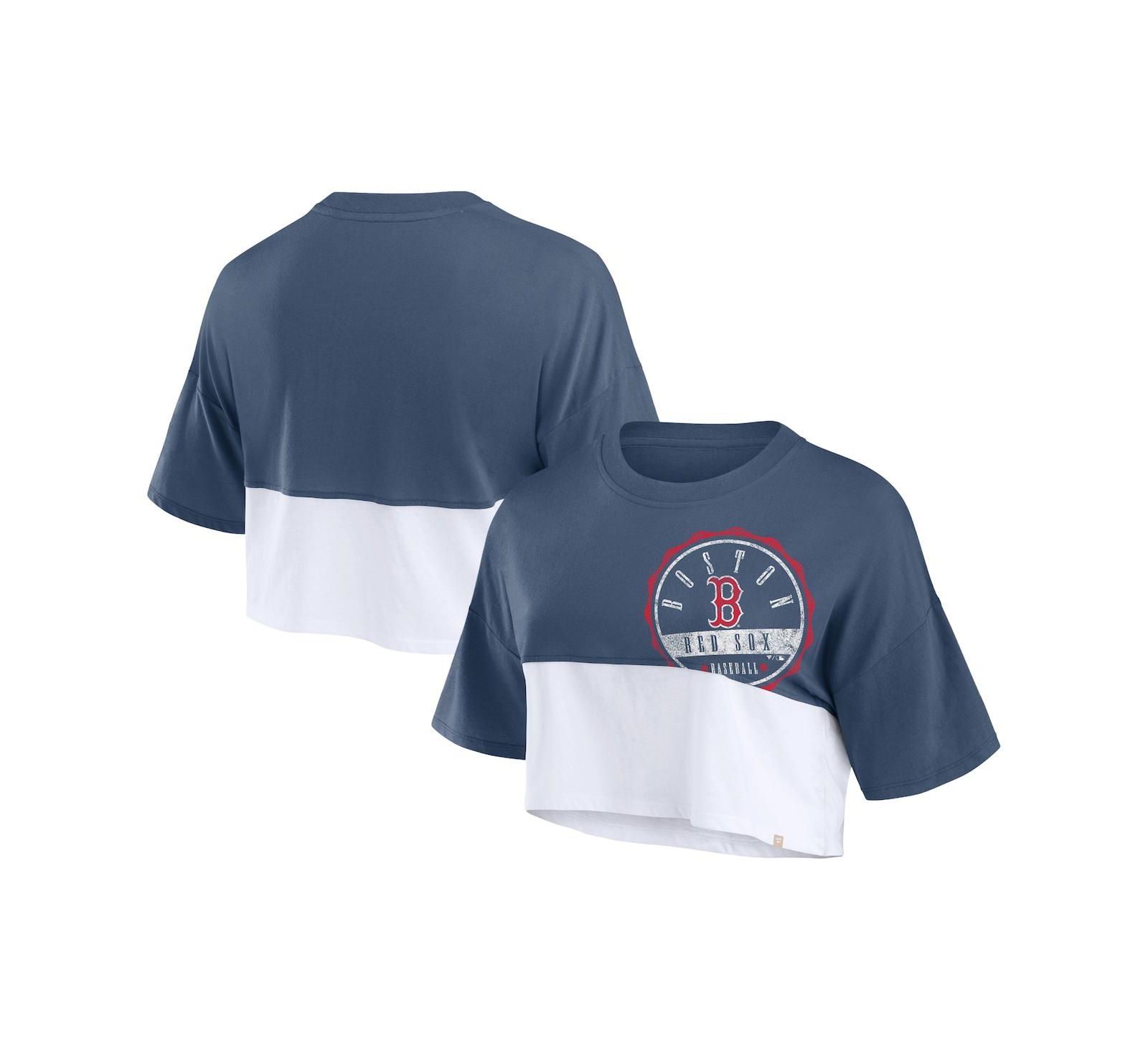 Fanatics Women's Navy/White Boston Red Sox Color Split Boxy Cropped T-Shirt