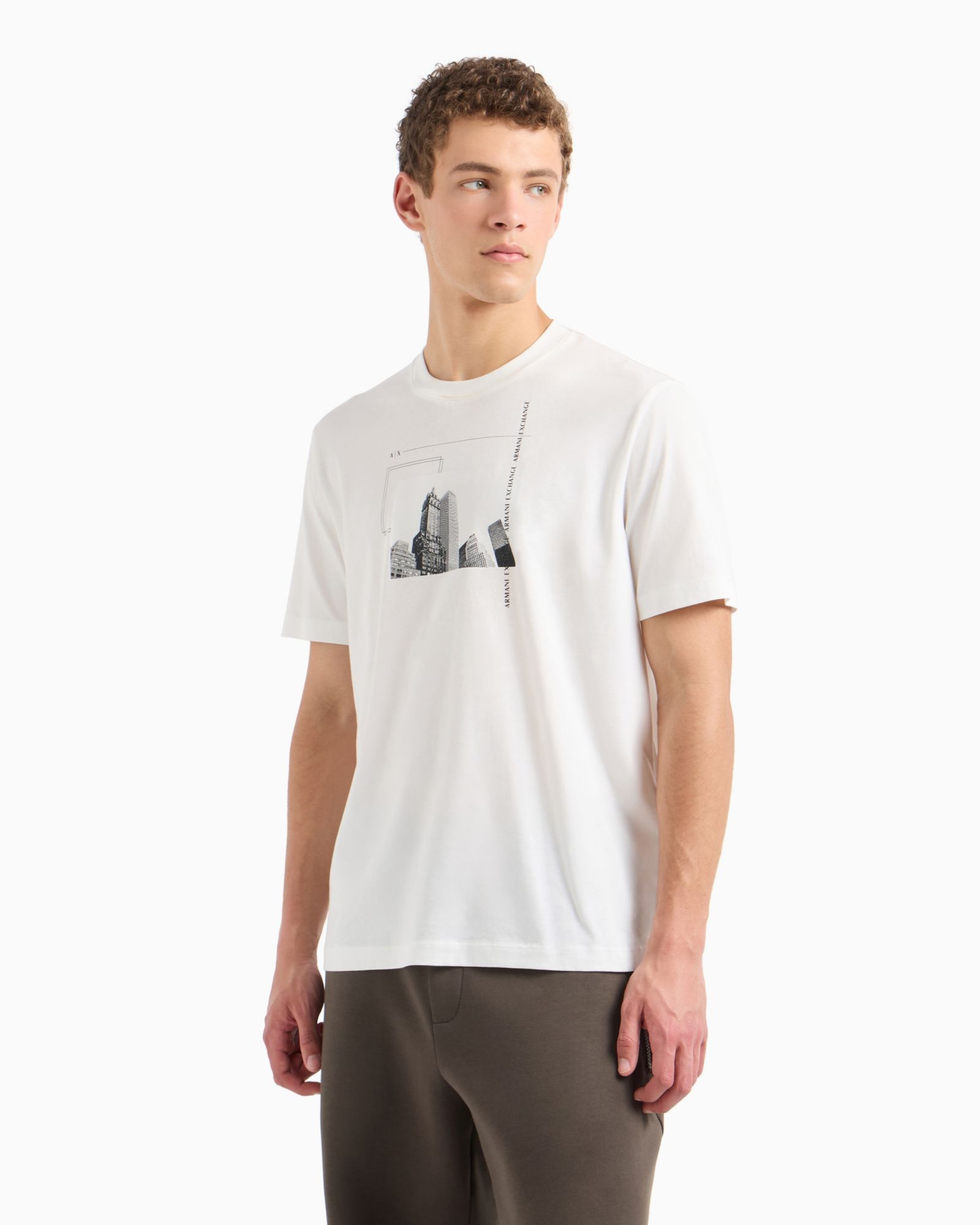 A|X Armani Exchange Men's Short Sleeve Crewneck Building Graphic T-Shirt