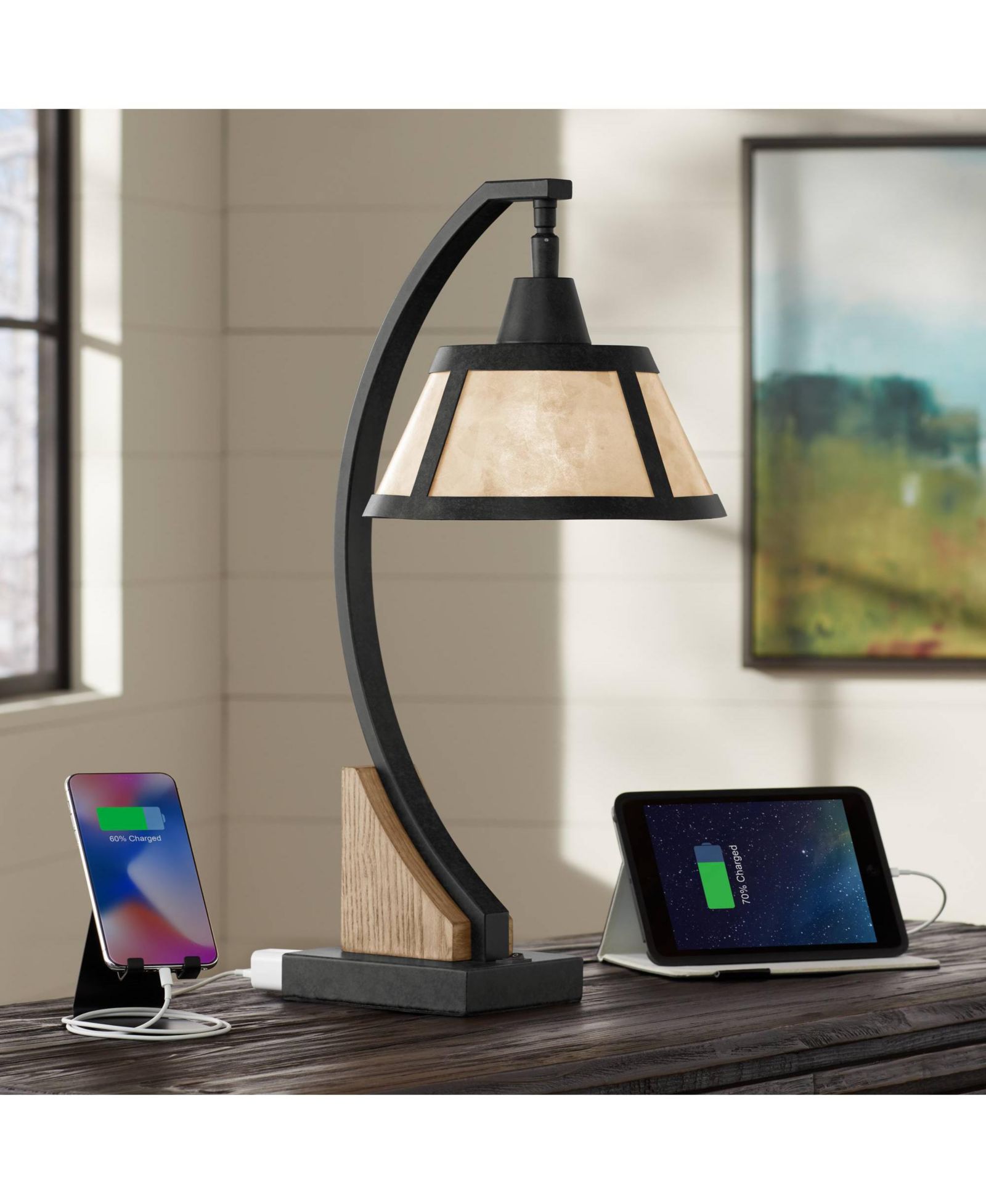 Настольная лампа Franklin Iron Works Oak Rustic Farmhouse, 22" USB and AC Power Outlet