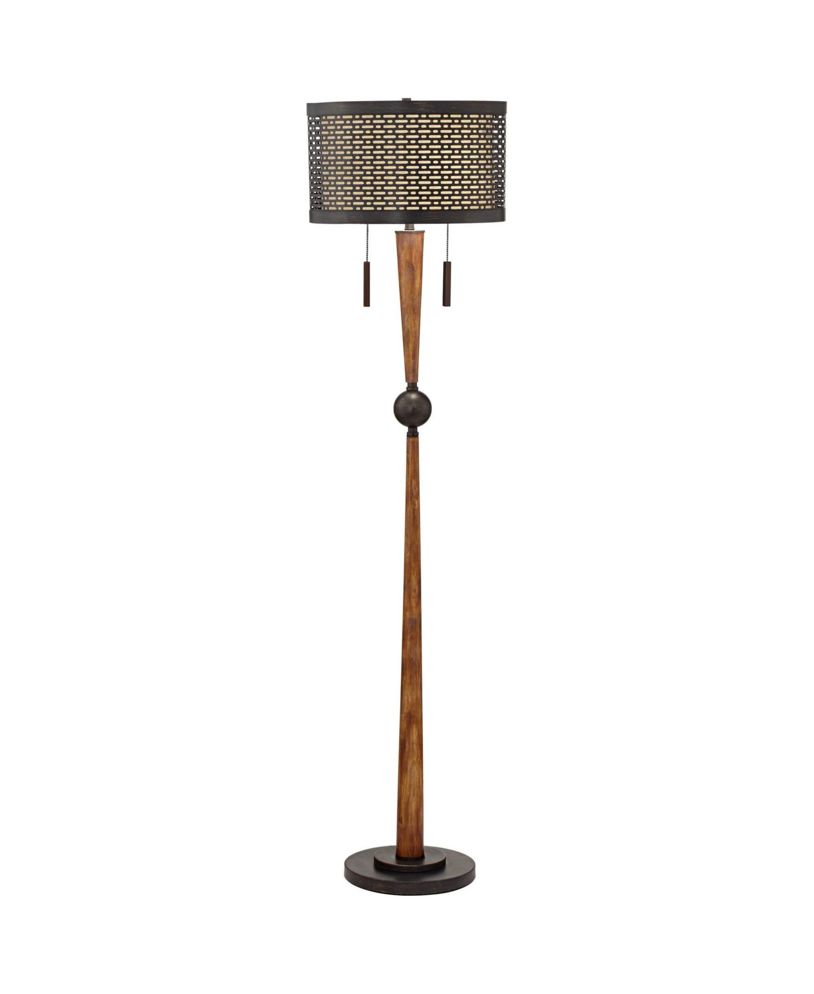 Franklin Iron Works Modern Mid Century Farmhouse Rustic Floor Lamp 64" Tall Bronze Cherry Wood Metal Cream Double Drum Shade for Living Room Reading