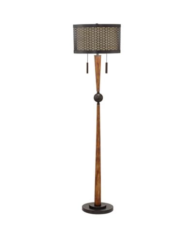 Franklin Iron Works Modern Mid Century Farmhouse Rustic Floor Lamp 64" Tall Bronze Cherry Wood Metal Cream Double Drum Shade for Living Room Reading