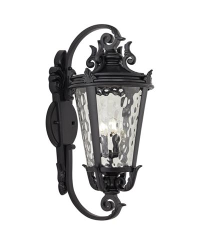 John Timberland Marseille 36" outdoor wall light, textured black scroll design with clear hammered glass for porch, patio, garage