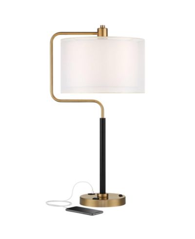 Possini Euro Design Carlyle Modern Mid Century Desk Lamp 30 1/2" Tall Gold with USB and AC Power Outlet in Base Double Drum Shades for Living Room
