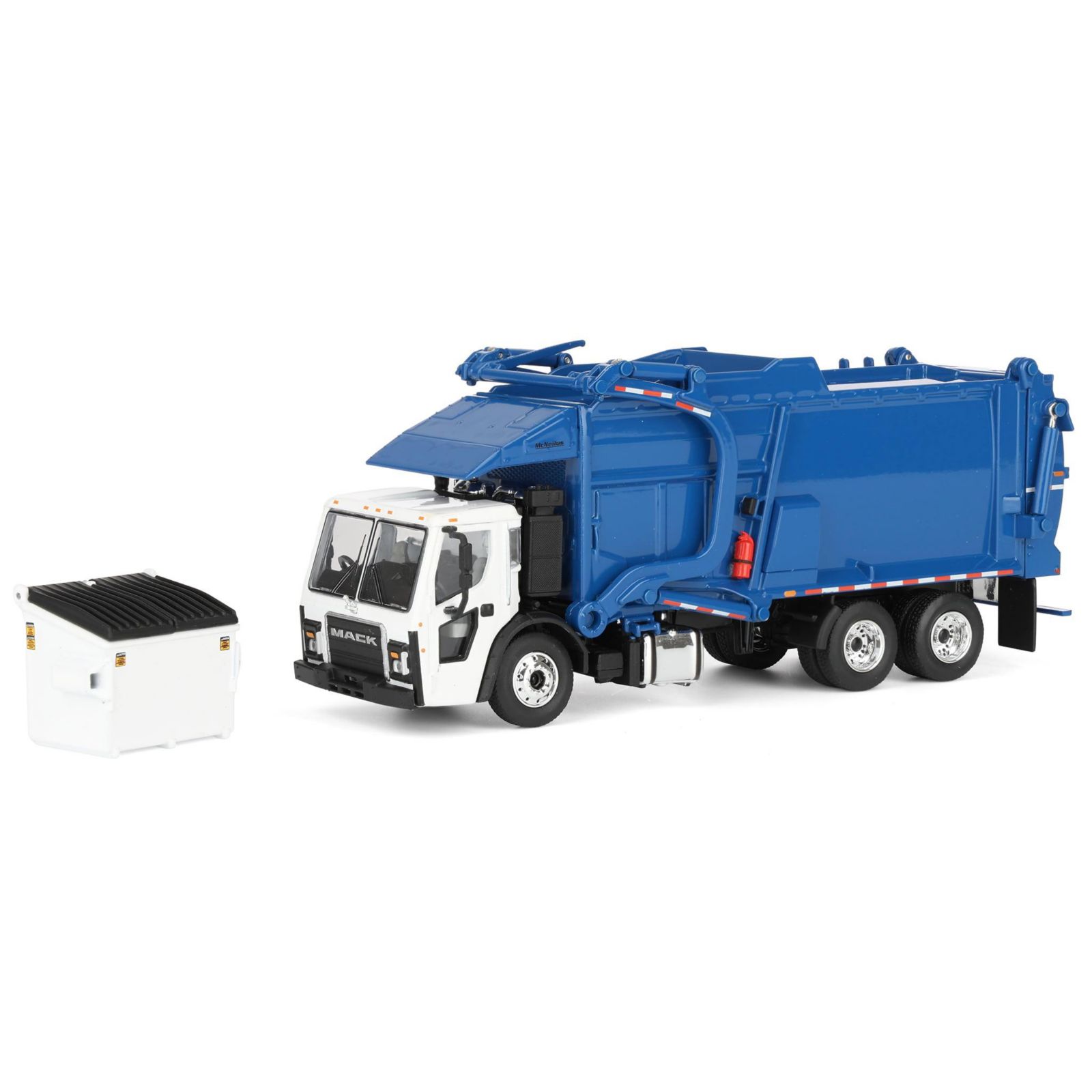 First Gear DCP 1/64 White and Blue Mack LR w/ McNeilus Meridian FEL Refuse Body and Refuse Bin