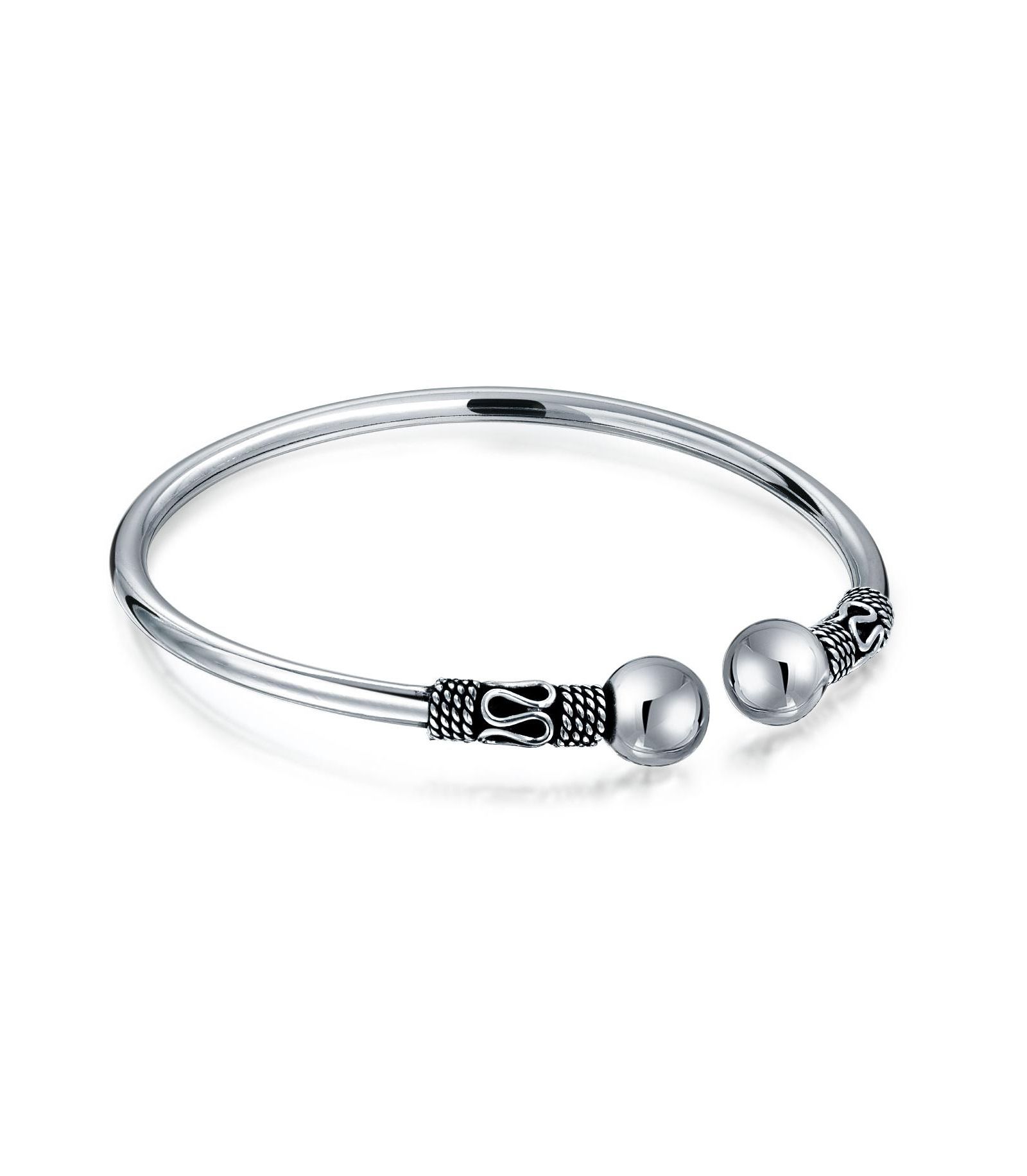 Bling Jewelry Bali Scroll Bangle Cuff Bracelet Oxidized .925 Sterling Silver Ball Tips
