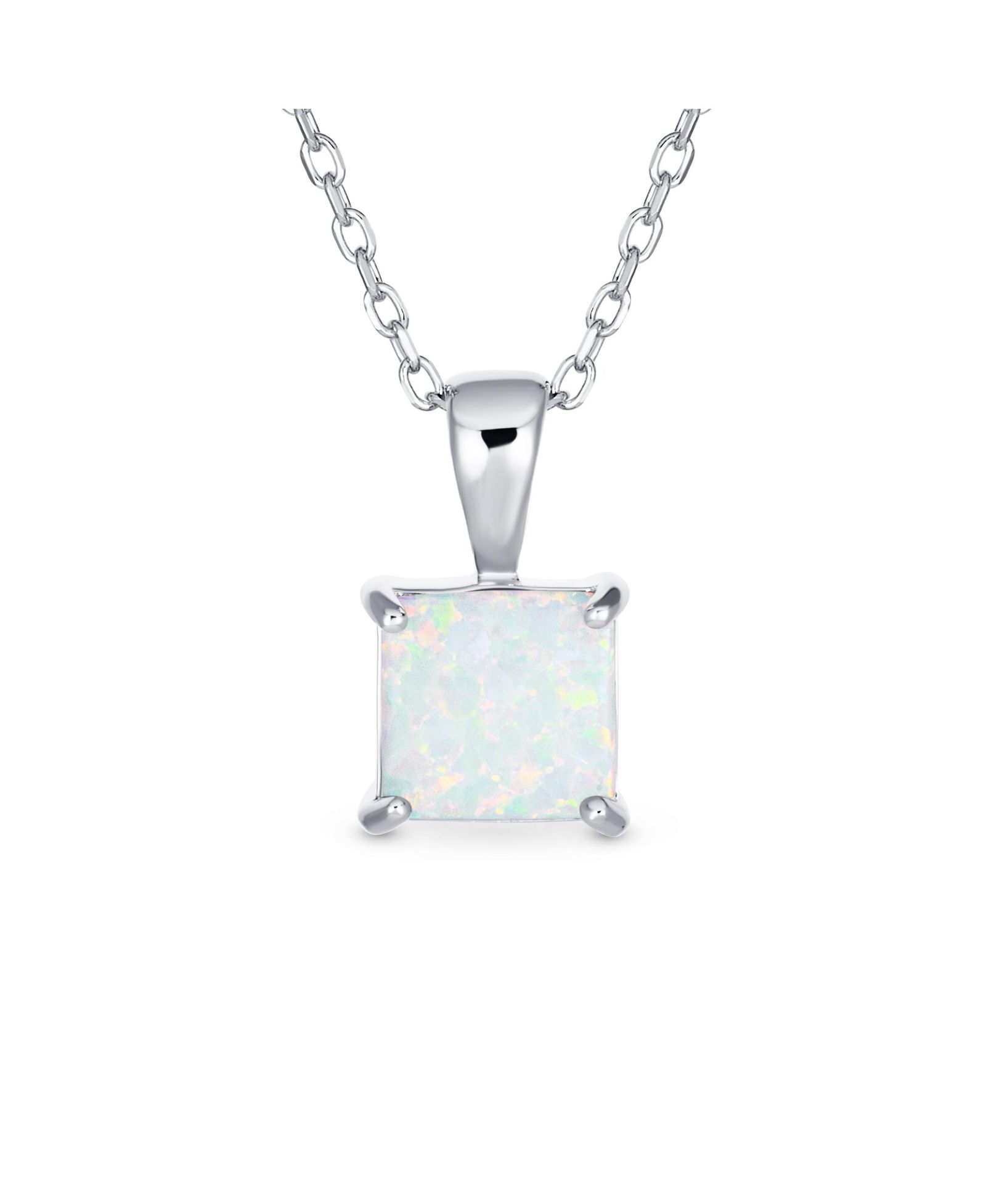 Bling Jewelry Created White Opal Princess Cut Solitaire Pendant Necklace Sterling Silver