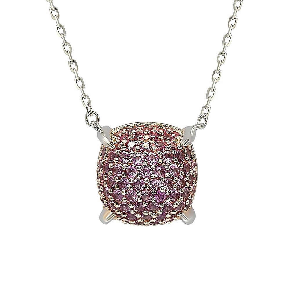 Suzy Levian Sterling Silver Sapphire Pave Puff 10 mm Solitaire Station Necklace