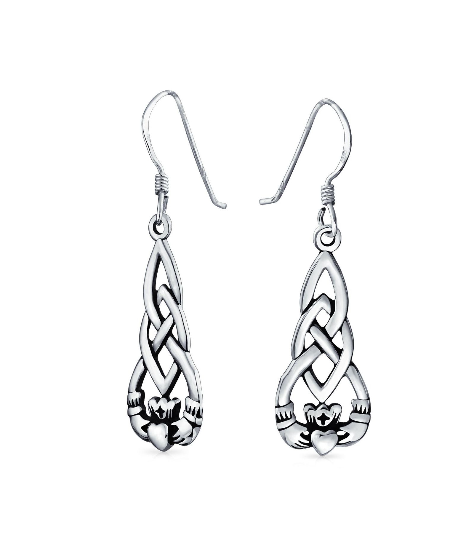 Bling Jewelry Love Symbol Celtic Claddagh Heart Dangle Earrings Oxidized Sterling Silver