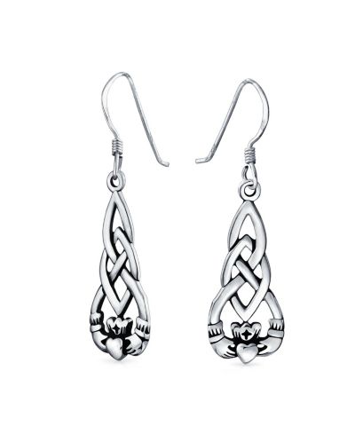 Серебряные серьги-подвески Bling Jewelry из стерлингового серебра с оксидированием, символ любви кельтский клэддах и сердце