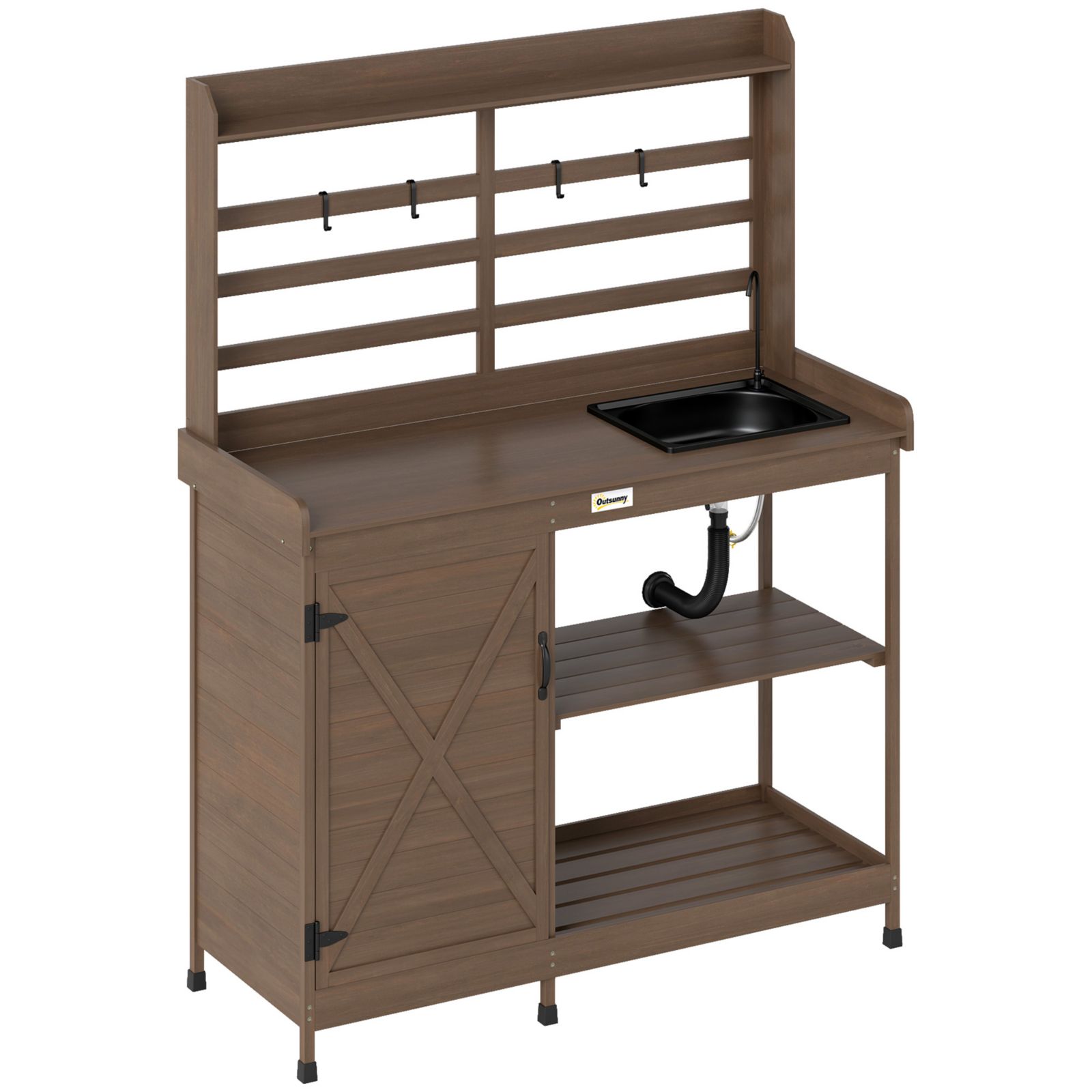 Outsunny Wooden Potting Bench with Storage, Aluminum Tabletop, Natural