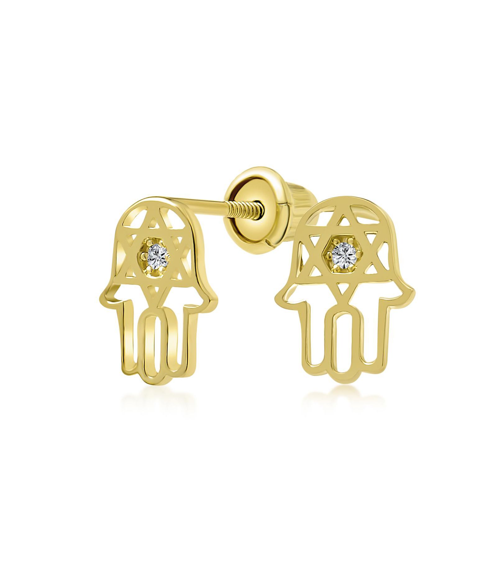 Bling Jewelry иудейские серьги-гвоздики Hamsa Звезда Давида со стразами CZ, 14K желтое золото, винтовая задняя часть